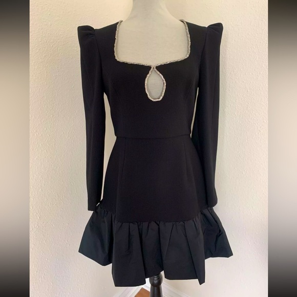 REBECCA VALLANCE Black Rhinestones Ruffled Long Sleeve Party Cocktail Dress Sz 8